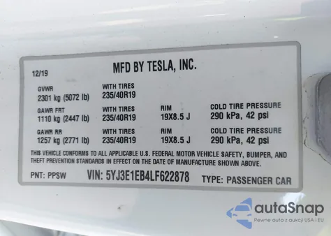 2020 Tesla Model 3 Long Range Dual Motor All-Wheel Drive from USA, damaged, VIN 5YJ3E1EB4LF622878